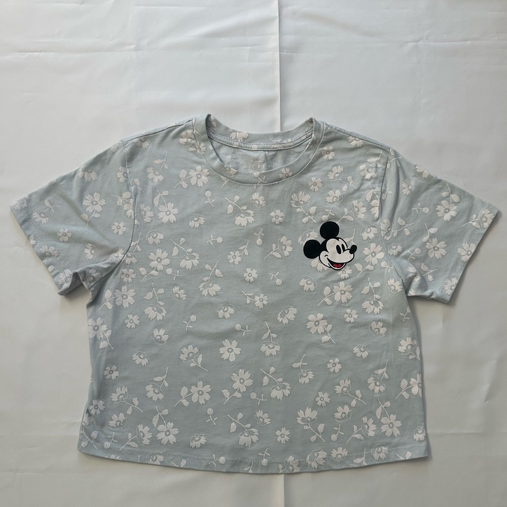 Disney Light Blue Floral Crop Top with Mickey Patch
